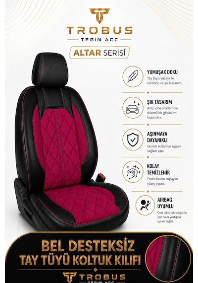 Fiat Egea Cross 2020 Sonrası Uyumlu Altar Serisi Tay Tüyü Bordo Siyah Premium Koltuk Kılıfı