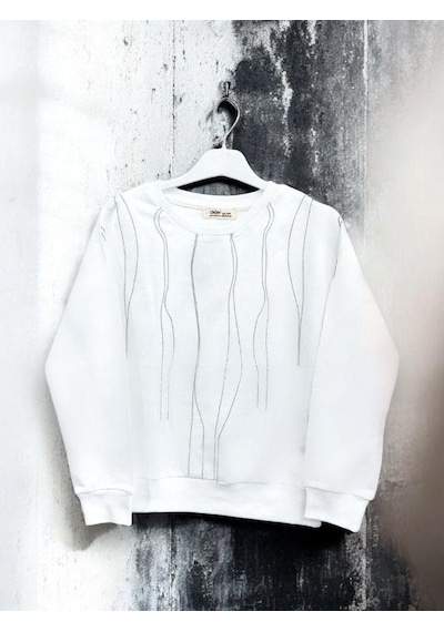 Kız Çocuk Mevsimlik Pamuklu Zincirli Sweatshirt-14445 Ekru