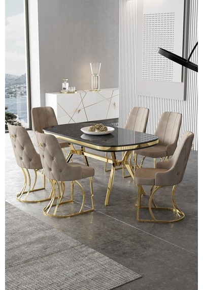 Canisa Epal Serisi 90x168 Lak Panel Siyah Mermer Desen Masa Takımı Gold Ayaklı 6 Cappucino Sandalye Masa Siyah Mermer Desen Sandalye Cappucino Canisa Epal Serisi 90x168 Lak Panel Siyah Mermer Desen Masa Takımı Gold Ayaklı 6 Cappucino Sandalye Masa Siyah Mermer Desen Sandalye Cappucino