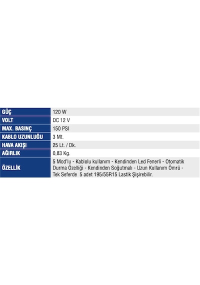 Mercure Mc-5643 Lastik Şişirme Kablolu
