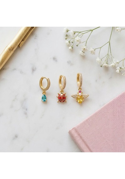 Çelik 3 Lü Küpe Set Arı Uğurböceği Mavi Taşlı Altın Renk