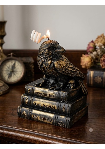 Gotik Kuzgun Tasarım Mum - Kitap Kurukafa Kaideli Siyah Gold Halloween Obje Altın - Siyah