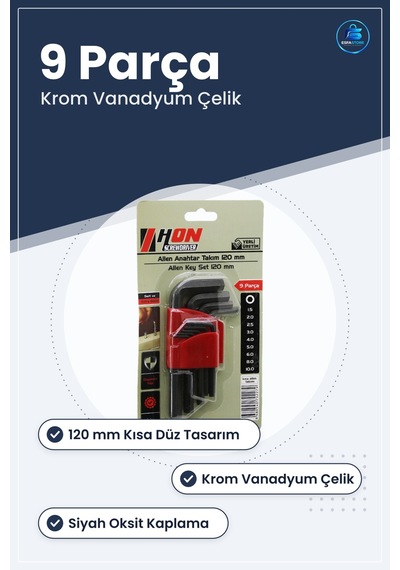 Alyan Anahtar Takımı Siyah Kısa Düz 120 Mm 9 Parça Allen Krom Van