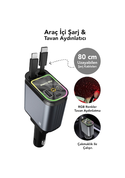 66w Akıllı Araç Şarjı Led Aydınlatmalı 4in1 Çift Kablolu 3.4a Araç İçi Çakmaklık Şarj Aleti