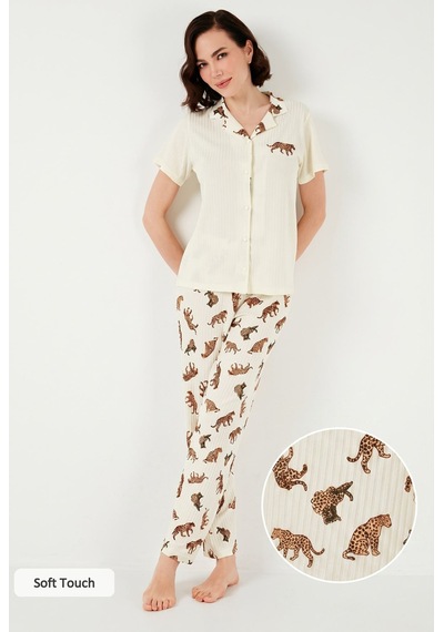 Lela Regular Fit Gömlek Yaka Kısa Kollu Bayan Pijama Takımı 65740102 Bej