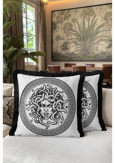 Mitolojik Medusa Figürlü Saçaklı Yastık Kılıfı - Yunan Esintili Modern Siyah Püsküllü Kırlent Kılıfı Doygun Fırtına Aqua Mitolojik Medusa Figürlü Saçaklı Yastık Kılıfı - Yunan Esintili Modern Siyah Püsküllü Kırlent Kılıfı Doygun Fırtına Aqua