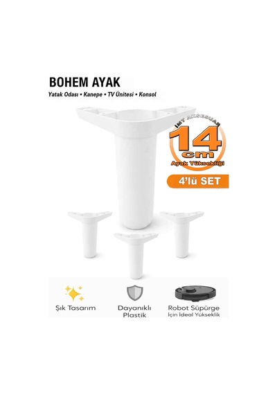 İmt Aksesua Bohem 14 Cm Beyaz 4 Adet Mobilya Ayağı Robot Süpürgeye Uyumlu Koltuk Dolap Tv Ünitesi Konsol Ayağı Beyaz