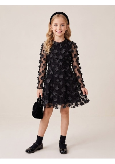 Zekids Kız Çocuk Üç Boyutlu Çiçek Aplikeli Simli Tül Abiye Elbise-17592 Siyah