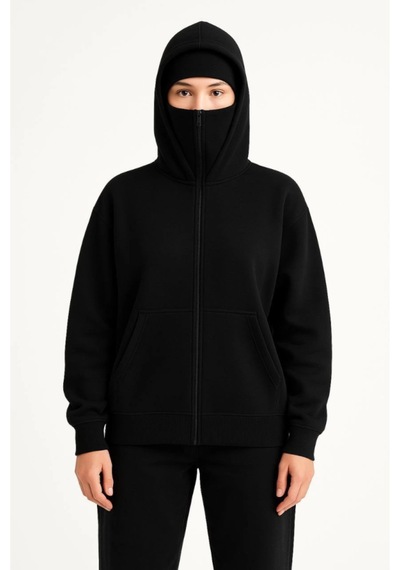 Butik İstanbul Samuray Ninja Çift Kapşonlu Zıp Fermuarlı Kanguru Çepli Hoodie Maske Detaylı Swetshirt - Siyah Butik İstanbul Samuray Ninja Çift Kapşonlu Zıp Fermuarlı Kanguru Çepli Hoodie Maske Detaylı Swetshirt - Siyah
