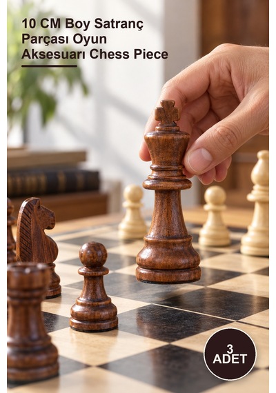3 Adet Ahşap Satranç Taşı 10 Cm Boy Satranç Parçası Oyun Aksesuarı Chess Piece