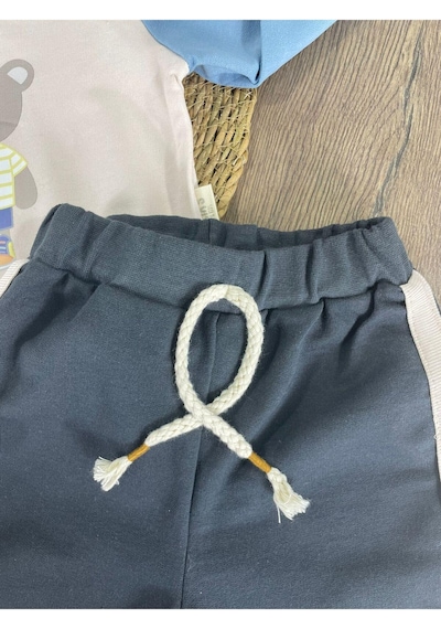 Bebicix Teddy Ayıcık Baskılı Kapüşonlu Renkli Kol Detaylı Erkek Bebek Takım Açık Lacivert
