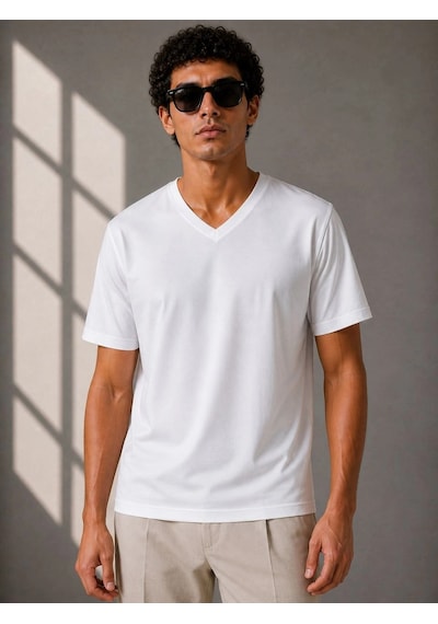 Erkek V Yaka Basic Tişört Kısa Kol Yazlık Regular Fit T-shirt - Beyaz Çok Renkli