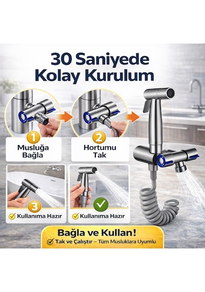 Polham Paslanmaz Çelik Spiral Hortumlu Musluk Çoğaltıcı Çift Çıkışlı, Sprey Başlıklı, Banyo Tuvalet Lavabo Temizlik Seti Krom
