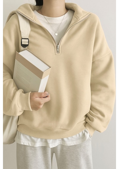 Ghassy Co. Kadın Pamuklu Oversize Silver Yarım Fermuarlı Sweatshirt Bej