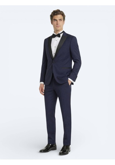 Kip Saks Düz Slim Fit Kruvaze Yaka Dokuma Smokin Takım Elbise Saks