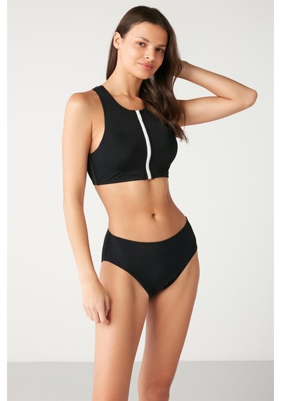 Kom Ritsle Düz Renk Fermuarlı Bikini Siyah