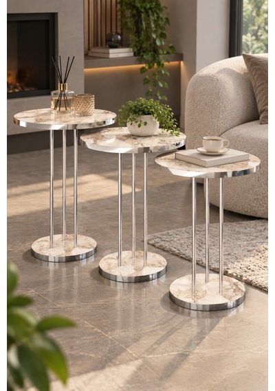 Sulorahome Gümüş Metal Ayaklı Efes Mermer Desenli 3'lü Zigon Sehpa Takımı Beyaz Mermer - Gümüş
