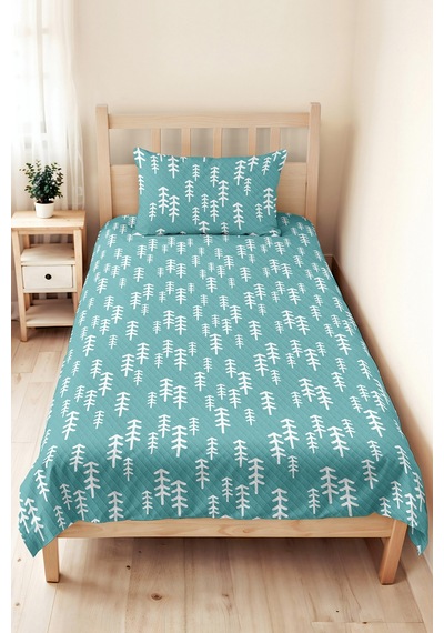 Turkuaz Çam Ağaçlı Genç Odası Tek Kişilik Pike Takımı - İskandinav 160x220 Cm Kapitone Yatak Örtüsü Lacivert