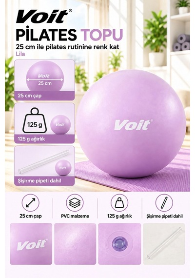25 cm Mini Pilates Topu Yoga Fitness Egzersiz ve Denge Topu Şişirme Pipeti Dahil Lila
