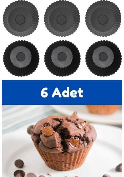 Antrasit 6'lı Silikon Mini Browni Kalıbı - Muffin Kalıbı 6 Adet Cupcake Kek Kalıbı Silikon Gri Diğer