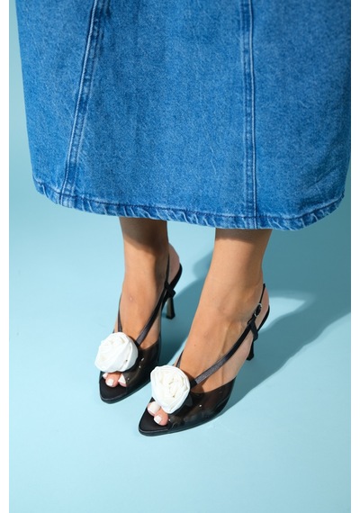 Luvishoes Luvi Shoes Aısne Siyah Beyaz Çiçekli Şeffaf Kadın İnce Topuklu Ayakkabı