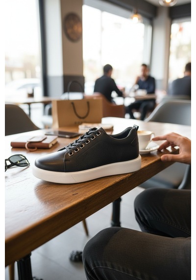 Enoch Hakiki Deri Lazer Kesim Detaylı Günlük Erkek Sneaker Comfort Taban Siyah - Beyaz