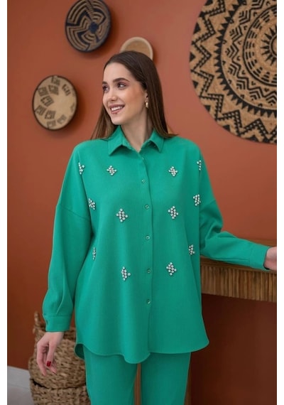 Defymoda Yeşil Gömleği Taşlı Fitilli Takım Yeşil