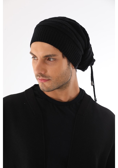 Ritagarcia Unisex Arkası İpli Büzgülü Triko Bere Kışlık Dökümlü Slouchy Beanie Bere Siyah