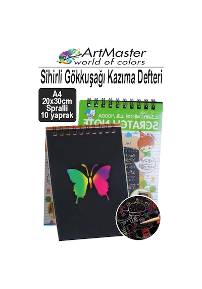 Gökkuşağı Kazıma Defteri Sihirli A4 20x30 Cm 1 Paket 10 Sayfa Spiralli Scratch Note Spralli Siyah Sihirli Resim Defteri Siyah