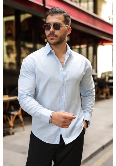 Valensdesign Erkek Fresh Keten Gömlek Buz Mavi