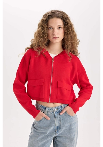 DeFacto Regular Fit Kapüşonlu Basic Düz Fermuarlı Triko Hırka E2270AXNSRD335 Kırmızı