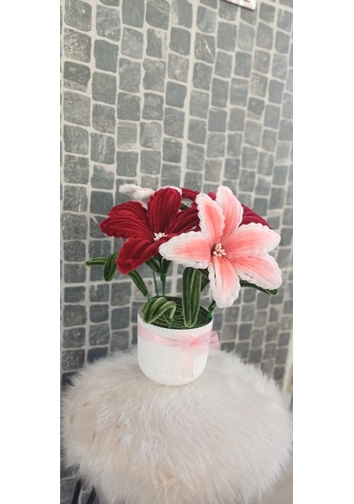 35 Cm- Saksılı Solmaz Yapay Çiçek - Geçmiş Olsun Çiçeği , Anneler Günü , Ev Hediyesi Beyaz - Bordo