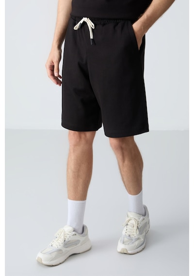 Siyah Pamuklu Kalın Yumuşak Dokulu Oversize Fit Basic Erkek Şort Takım - 85257