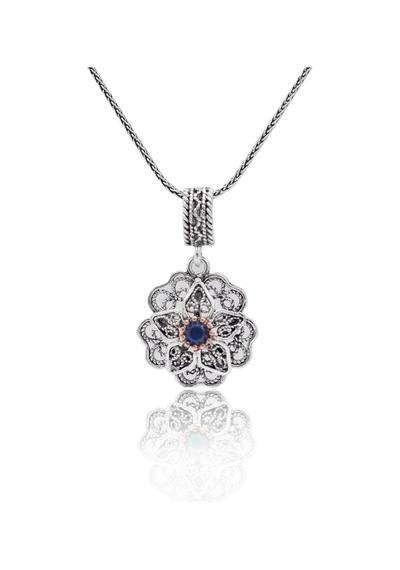 Safir Taşlı Gül Model Oksitli 925 Ayar Gümüş Telkari Kadın Kolye 201025653