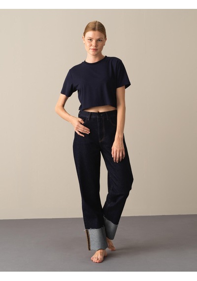 Xint Lacivert Regular Fit Bisiklet Yaka Pamuklu Modal Crop 602268
