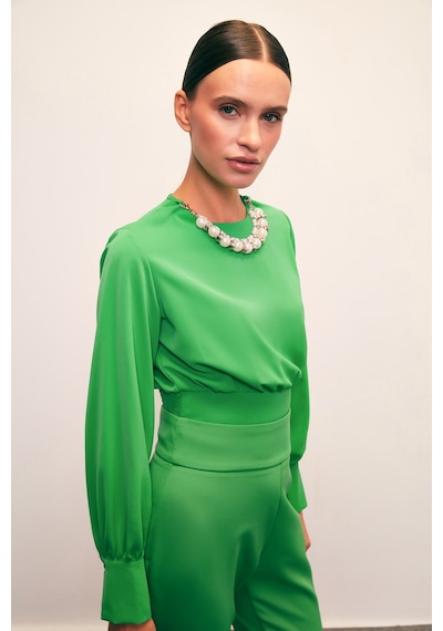 Sateen Kolye Detaylı Crop Bluz - Yeşil