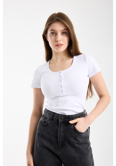 Hdm Kadın Esnek Fitilli Yakası Çıtçıtlı Beyaz Kısa Kol Basic Örme Bluz - H5993-55 Beyaz
