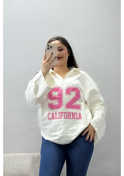 Belendir Kadın 2 İplik Baskılı Polo Yaka Oversize Sweatshirt Ekru Model Tv-102927 beyaz