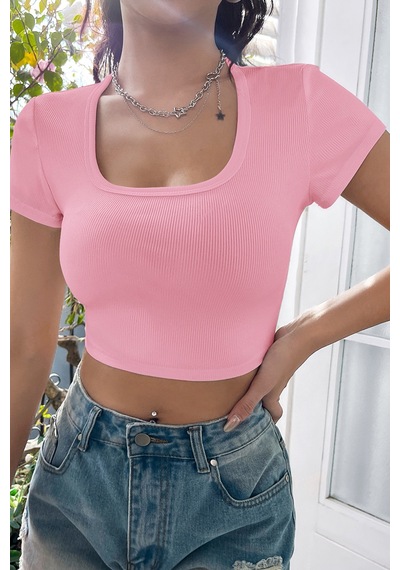 Angbutik Kadın Pembe Yarım Kol Düz Yaka Crop Top Bluz