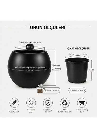 Dekoratif Saksı 27l Siyah Küre Tasarım, Beton Görünümlü Modern Dekorasyon Objesi