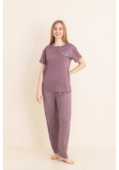 Enisena Kadın Pijama Takımı-menekşe Kumaş-3 Düğmeli-yaka Baskılı-12606sf Pudra