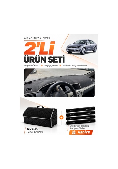 E-biz Opel Astra H 2003-2014 Uyumlu Torpido Örtüsü + Tay Tüyü Bagaj Çantası - Siyah-gri - Op003