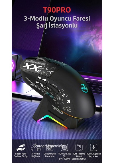 T90 Pro 3 Modlu Kablosuz Oyuncu Mouse-rgb Şarj İstasyonu 650 Mah Batarya Diğer