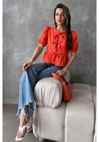 Verymoda Pembe Önden Bağlamalı Poplin Bluz D2699 Oranj
