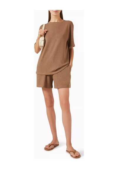 Enandı Brown Textured T-shirt, Dokulu Pamuklu Hafif Ve Nefes Alabilir Üst Kahverengi