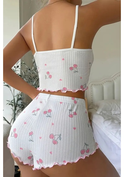 Merry See Kiraz Baskılı Askılı Şortlu Pijama Takımı Beyaz
