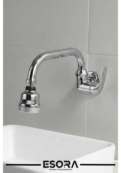 Duvardan Tek Su Girişli 3 Fonksiyonlu Oynar Başlıklı Lavabo Musluğu Krom