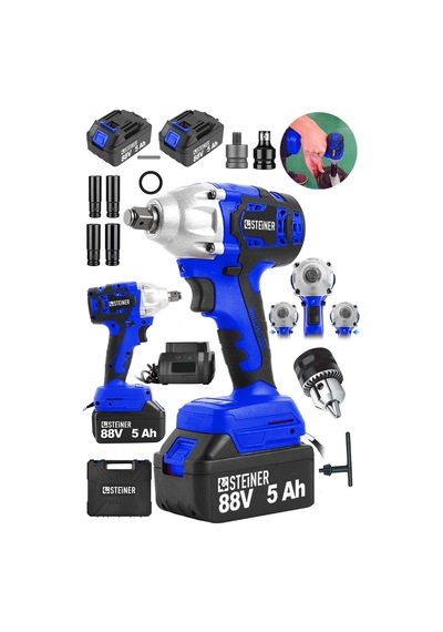 Steiner 88V 5Ah Çift Akülü Kömürsüz Çantalı Matkap Bijon Somun Sıkma Makinesi Mavi + Mandren