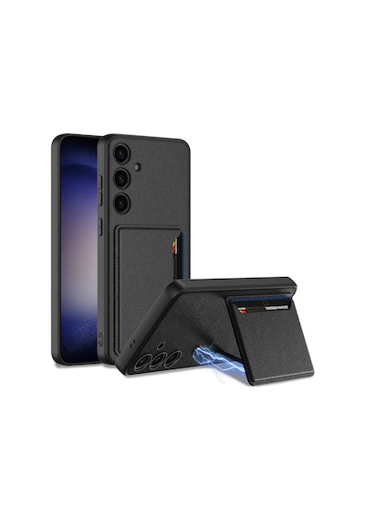 Galaxy Uyumlu S24 Suni Deri Arka Yüzey Pazarplus Kartlıklı Kıpta Silikon Kılıf Siyah