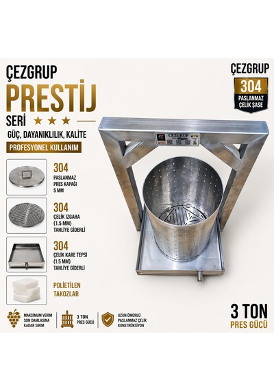 Çezgrup Prestij 22 Litre Full 304 Paslanmaz Çelik Üzüm Sıkma Presi 3 Ton Krikolu Profesyonel Seri